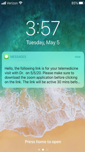 The day before your Telehealth visit, you will receive a text reminder
